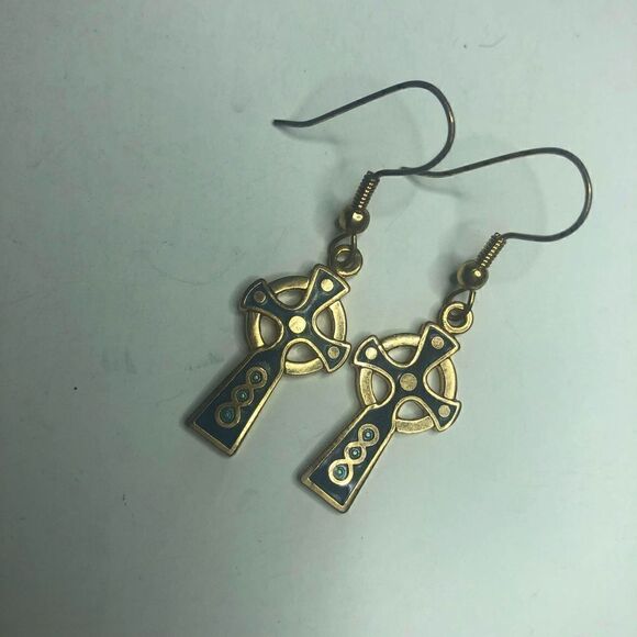 617 Celtic Sea Gems Goldtone Earrings Enamel Blue - Picture 1 of 3